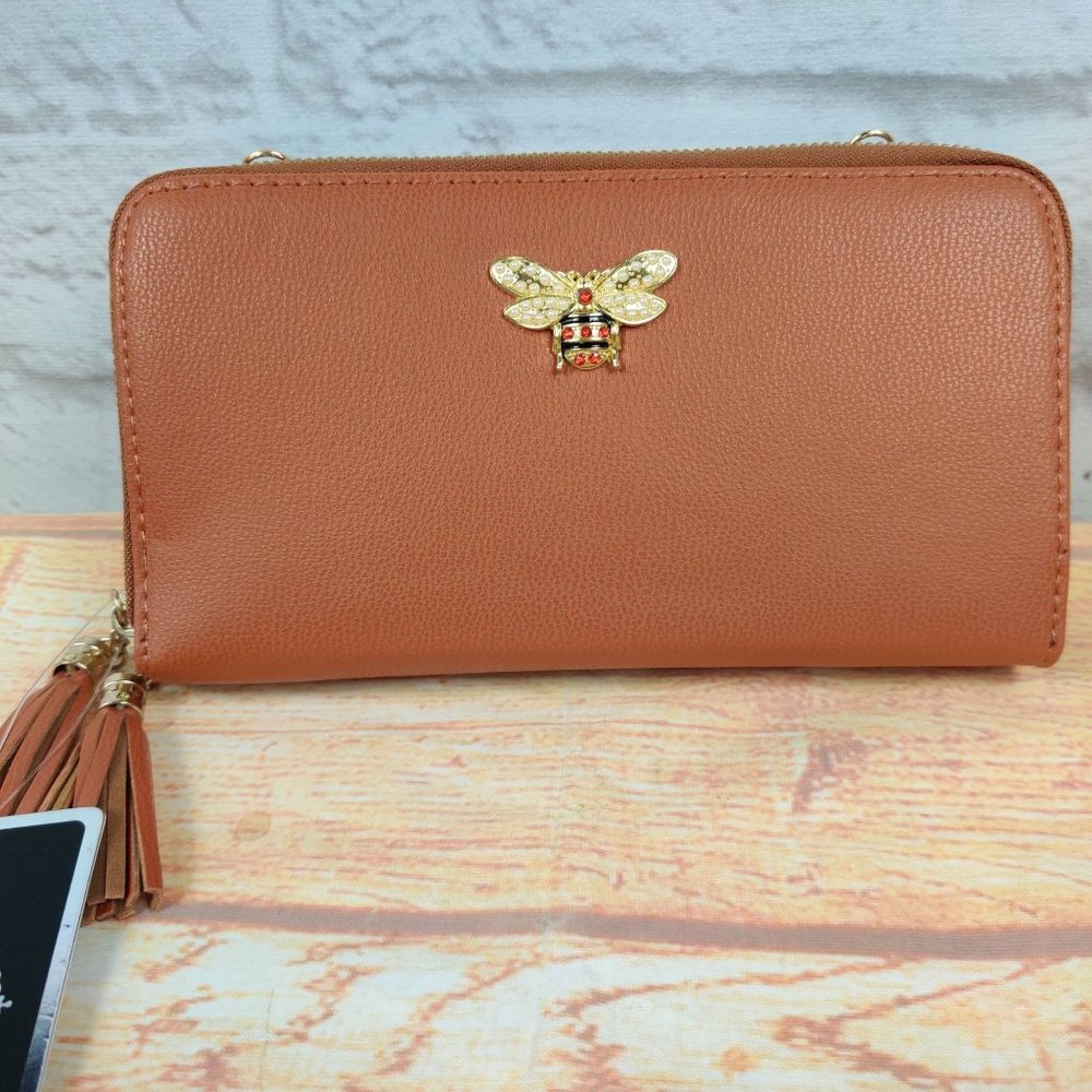 Limelight womens queen honey bee long faux leather clutch wallet purse brown